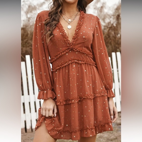 Ruffled V-Neck Dress | Amazon | Burnt Orange | M - Picture 1 of 12